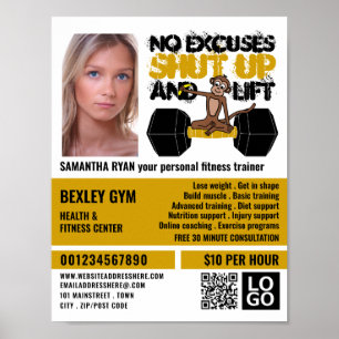 Affiche No Excuses Singe, Entraîneur Personnel, Gym Advert