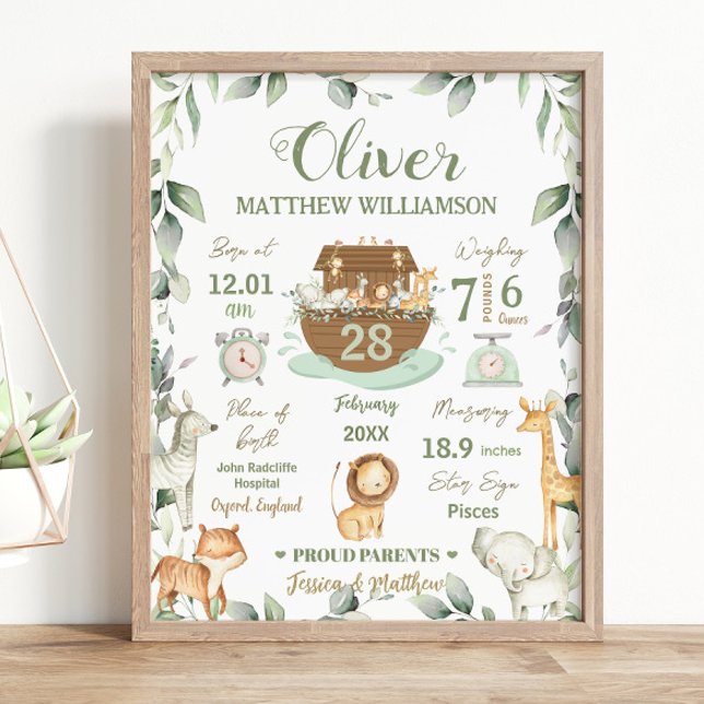 Affiche Noah's Ark Greenery Baby Birth Stats Nursery (Créateur téléchargé)