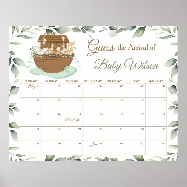 Affiche Noah's Ark Greenery Guess Baby's due Date de Jeu (Devant)