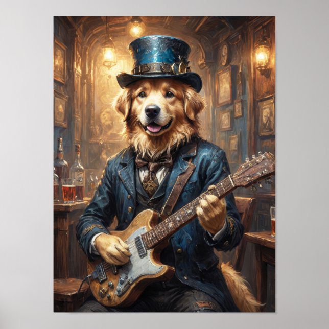 Affiche Noble retriever doré jouant de la guitare dans un  (Devant)