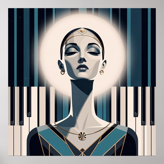 Affiche Nocturne in Teal: Art Deco Piano Portrait  (Devant)