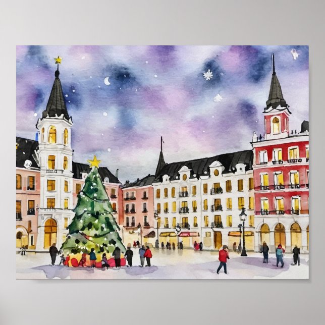 Affiche Noël à Madrid Espagne Aquarelle (Devant)