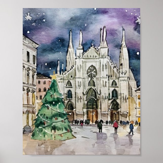 Affiche Noël à Milan Italie Aquarelle (Devant)