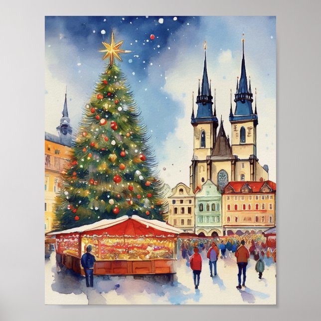 Affiche Noël à Prague Tchéquie Aquarelle (Devant)