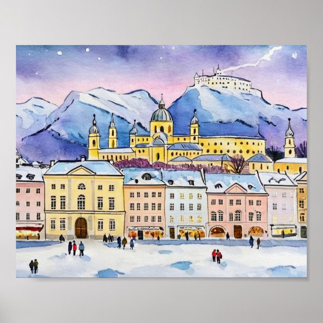 Affiche Noël à Salzbourg Autriche Aquarelle (Devant)