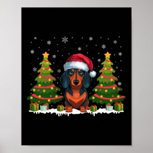 Affiche Noël Arbre Lumière Dachshund Chien Santa Hat Noël