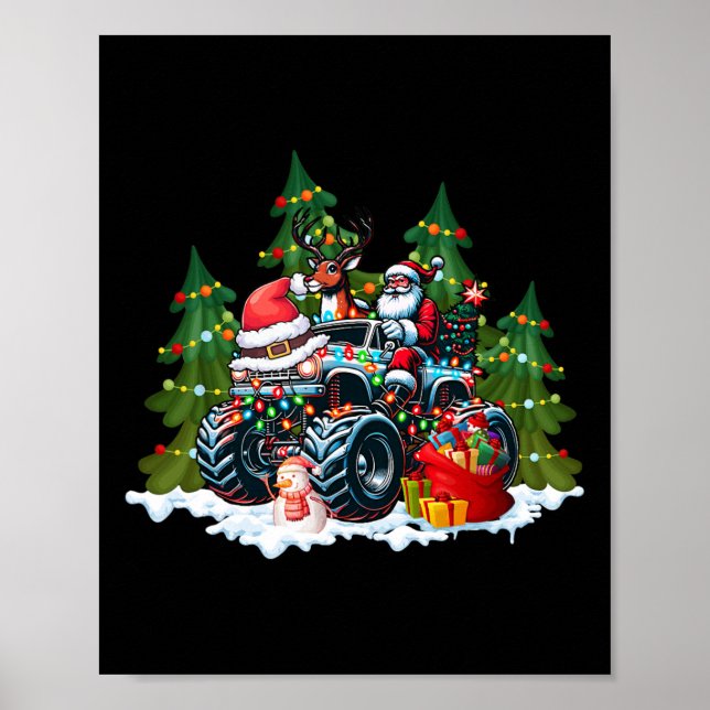 Affiche Noël Arbre Mignonne Santa Clause équitation Monste (Devant)