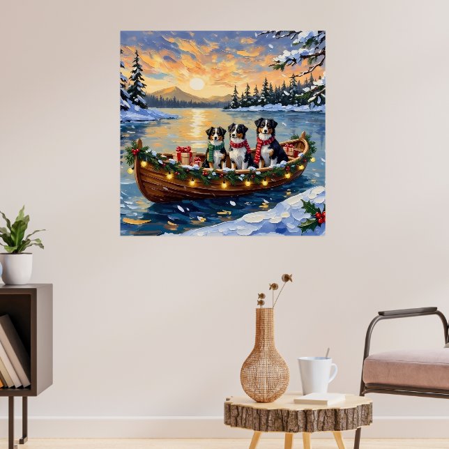 Affiche Noël Australien Shepherd Bateau Vacances (Salon 3)