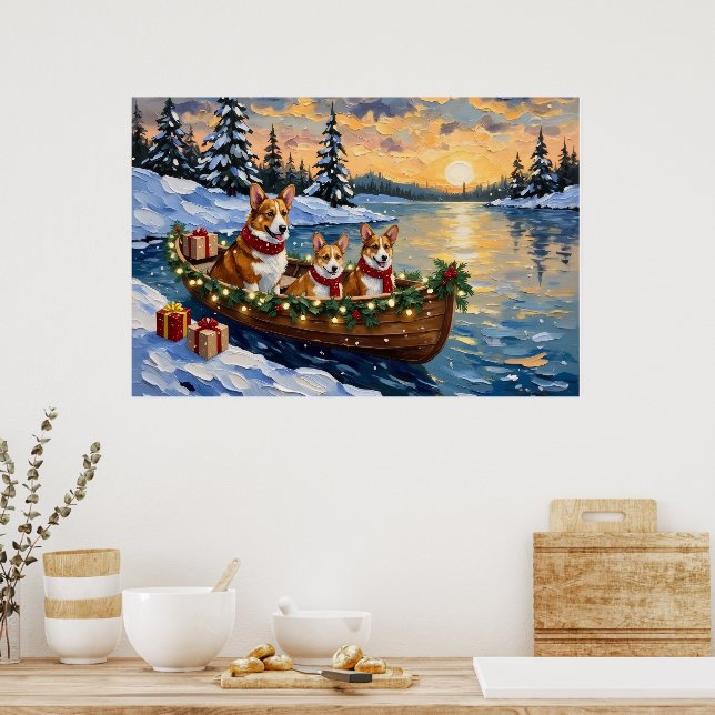 Affiche Noël Bateau de Corgi Fêtes (Cuisine)