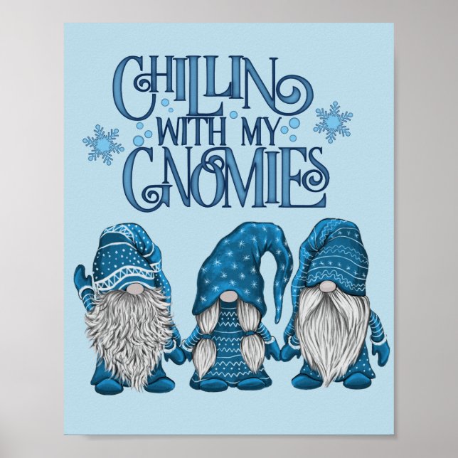Affiche Noël Bleu Hiver Trio Chillin Avec Mes Gnomes (Devant)