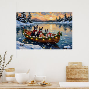 Affiche Noël Boston Terrier Bateau Fêtes