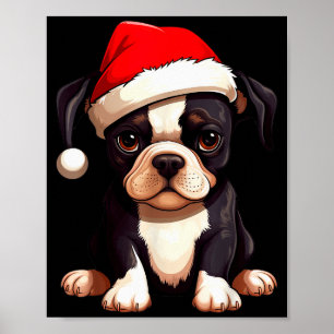Affiche Noël Boston Terrier Chien Chapeau de Père Noël Drô