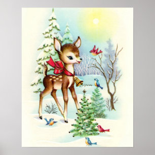 Affiche Noël cerf rétro vintage Fêtes
