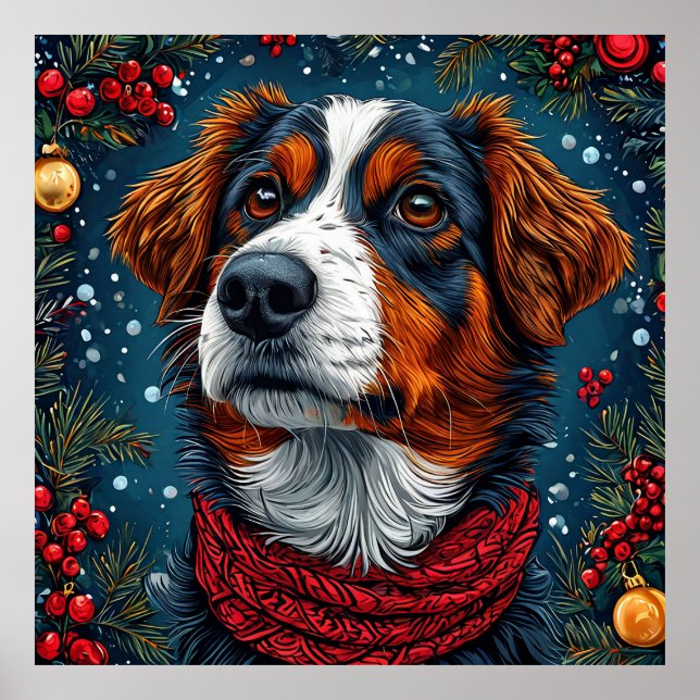 Affiche Noël Chien Mignon Fête Hivernale Vacances (Devant)
