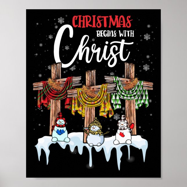 Affiche Noël commence Christ Snowman Croix chrétienne (Devant)