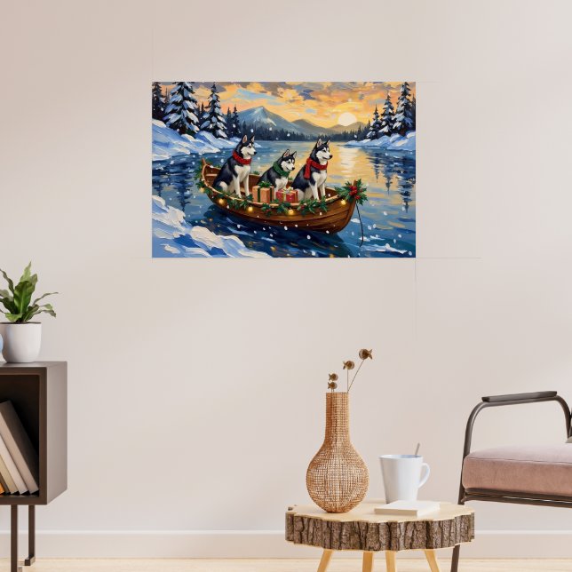 Affiche Noël de bateau de Husky sibérien de vacances (Salon 3)