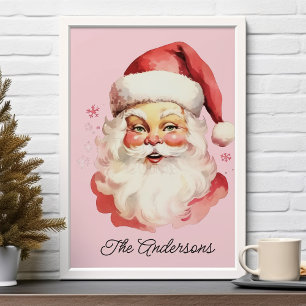 Affiche Noël de famille vintage rétro du Père Noël rose