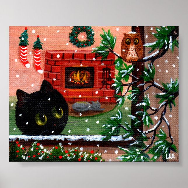 Affiche Noël d'hiver Chouette de chat noire Art Créationar (Devant)