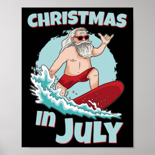 Affiche Noël drôle en juillet Été Père Noël Surfant Planch