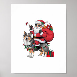 Affiche Noël Éclairage Père Noël Riding Sheltie Chien Noël