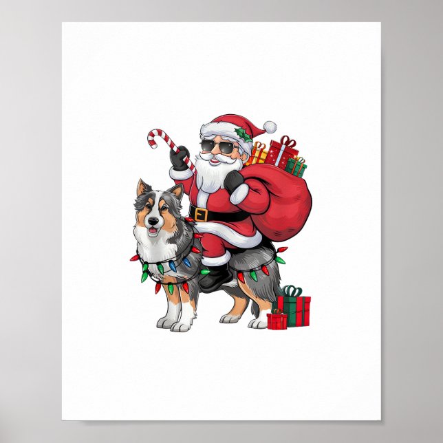 Affiche Noël Éclairage Père Noël Riding Sheltie Chien Noël (Devant)