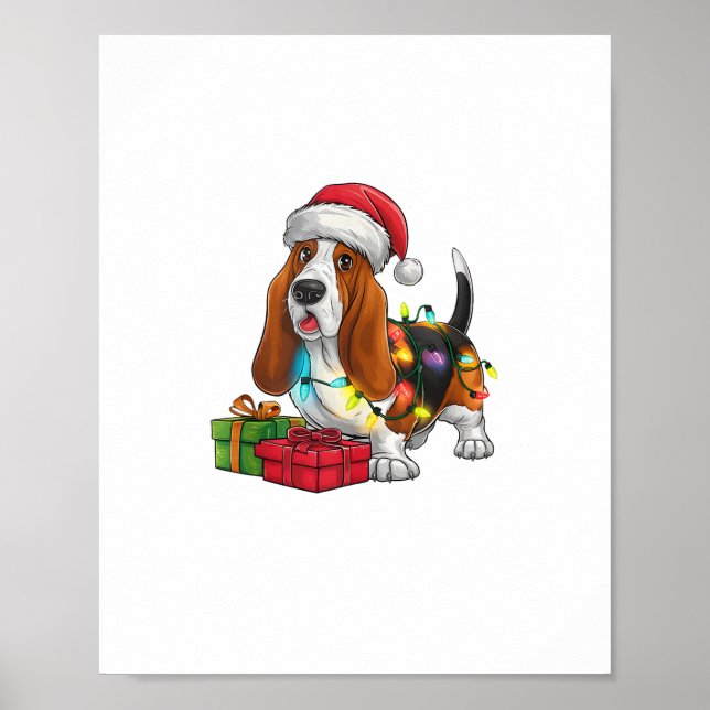 Affiche Noël Éclairage Santa Hat Basset Hound Chien Noël (Devant)