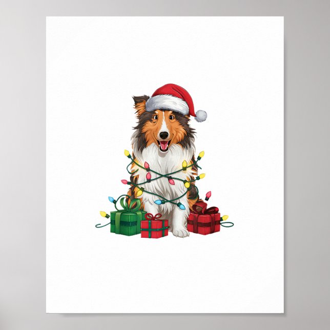 Affiche Noël Éclairage Santa Hat Rough Collie Chien Noël (Devant)