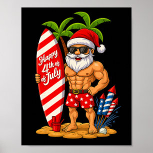 Affiche Noël En 4 juillet Père Noël Bodybuilding Surfin