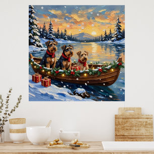Affiche Noël en bateau avec Airedale Terrier
