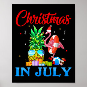 Affiche Noël en Juillet Ananas Sapin Flamant Rose San