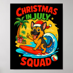 Affiche Noël en juillet drôle de surfeur berger allemand
