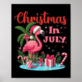 Affiche Noël en juillet Flamant rose Chapeau de Père Noël