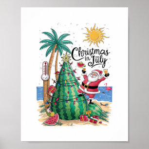 Affiche Noël en Juillet Pastèque Arbre de Noël Santa Plage