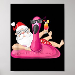 Affiche Noël en juillet Père Noël Hawaii Flamant rose Summ
