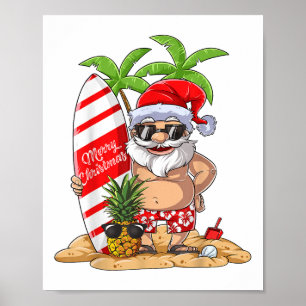 Affiche Noël En Juillet Père Noël Hawaiian Surfing Cadeaux