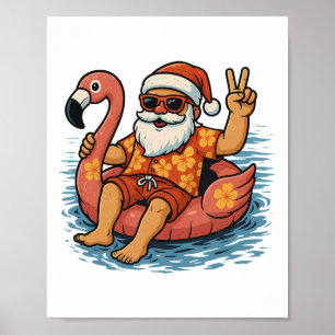 Affiche Noël en juillet Santa Flamant Rose Été Xmas Garçon