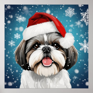 Affiche Noël festif mignon Chih Tzu Chien avec chapeau de