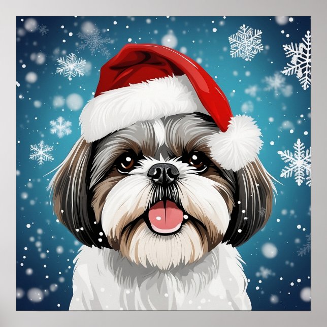 Affiche Noël festif mignon Chih Tzu Chien avec chapeau de  (Devant)