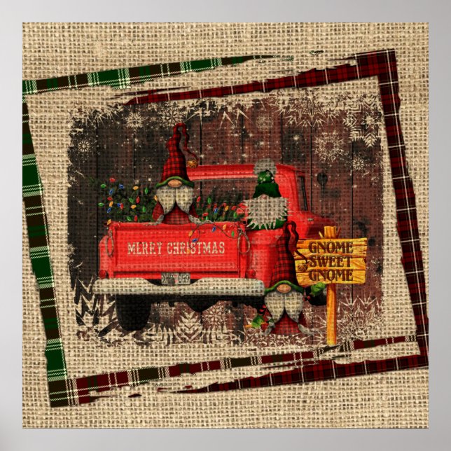 Affiche Noël Gnome Sweet Gnome Camion Rouge Plaid Rustique (Devant)