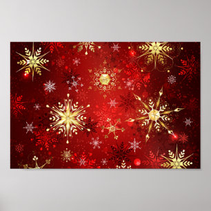 Affiche Noël Golden Snowflakes sur Arrière - plan rouge
