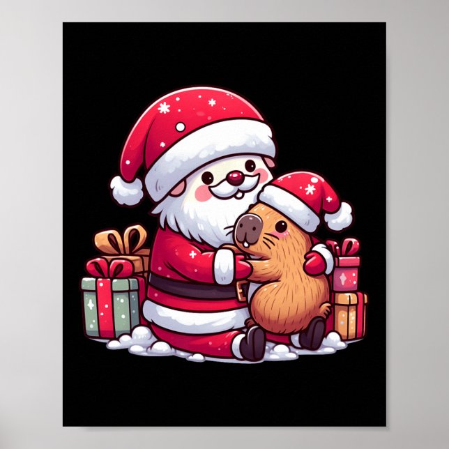 Affiche Noël Le Père Noël Accroche De Mignonnes Capybara A (Devant)