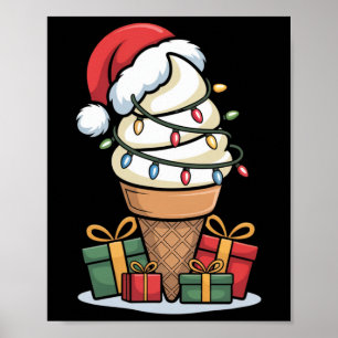Affiche Noel Lumières Glace Cone de crème avec Santa Hat D