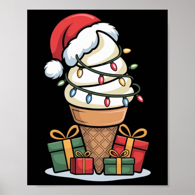 Affiche Noel Lumières Glace Cone de crème avec Santa Hat D (Devant)