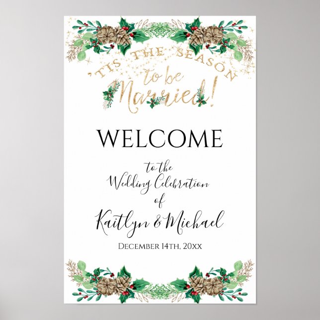Affiche Noël Mariage Holly Gold Foliing Bienvenue (Devant)