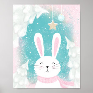 Affiche Noël mignonne lapin rose et menthe