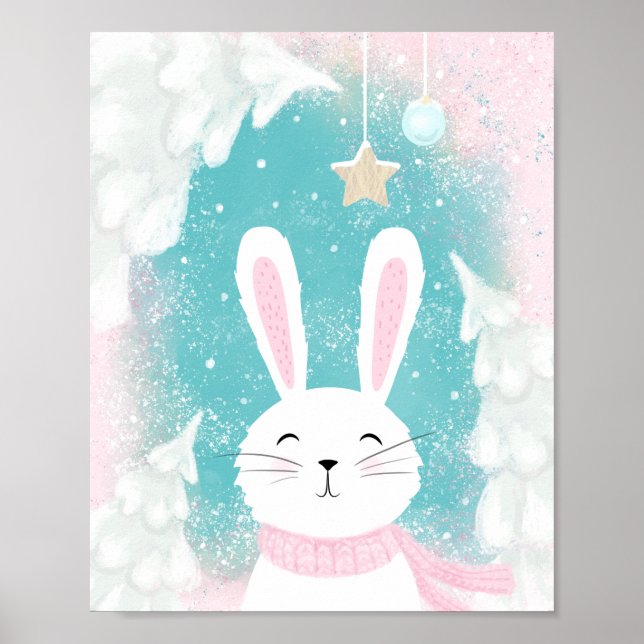 Affiche Noël mignonne lapin rose et menthe (Devant)