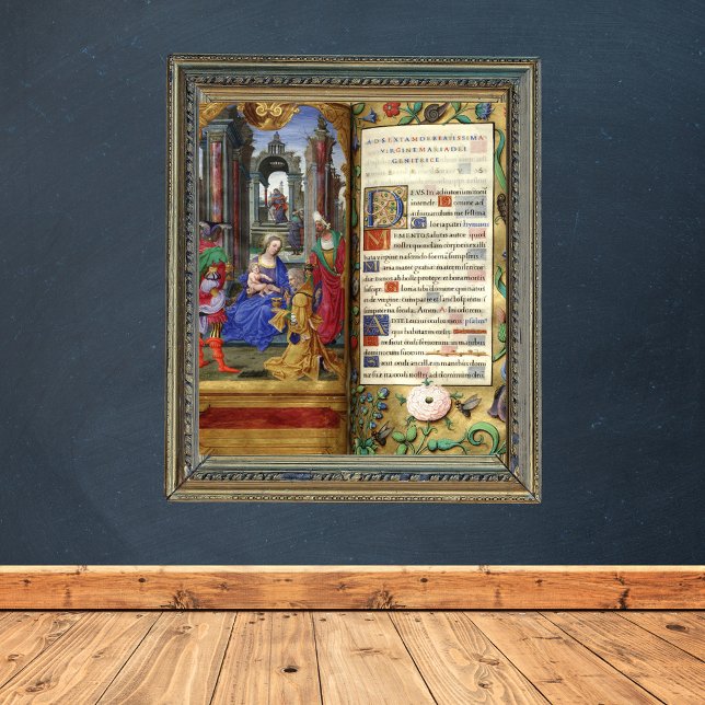 Affiche Noël Nativité Scène Renaissance Vieux livre (Christmas Nativity Scene Renaissance Old Book Catholic Christian Wall Art)