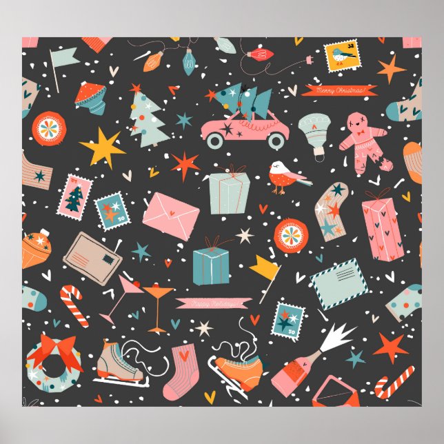Affiche Noël noir : motif vintage orné. (Devant)