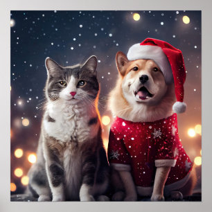 Affiche Noël Père Noël Chat & Chien amis