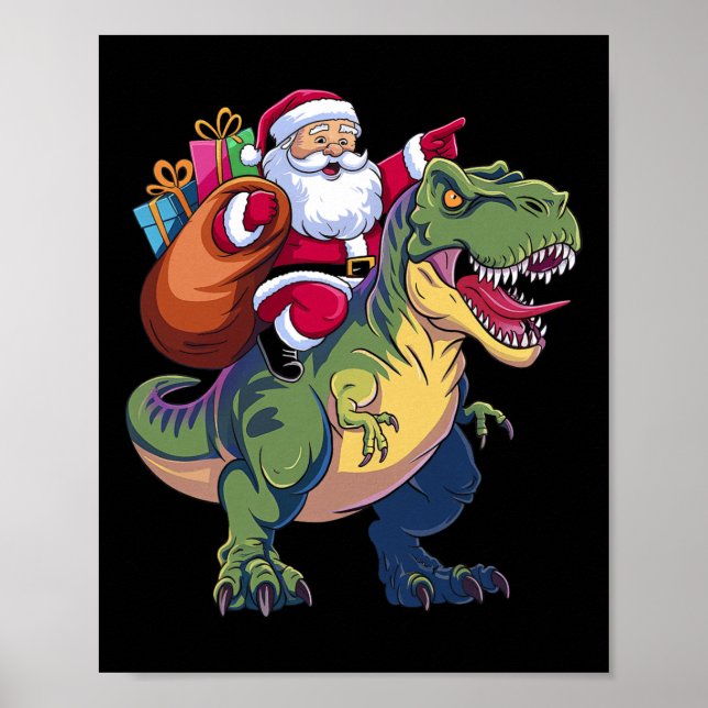 Affiche Noël Père Noël équitation Dinosaur T-rex Garçons E (Devant)